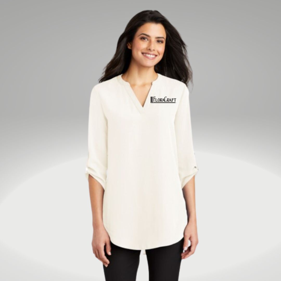 Port Authority ® Ladies 3/4-Sleeve Tunic Blouse - Ivory Chiffon - Embroidery