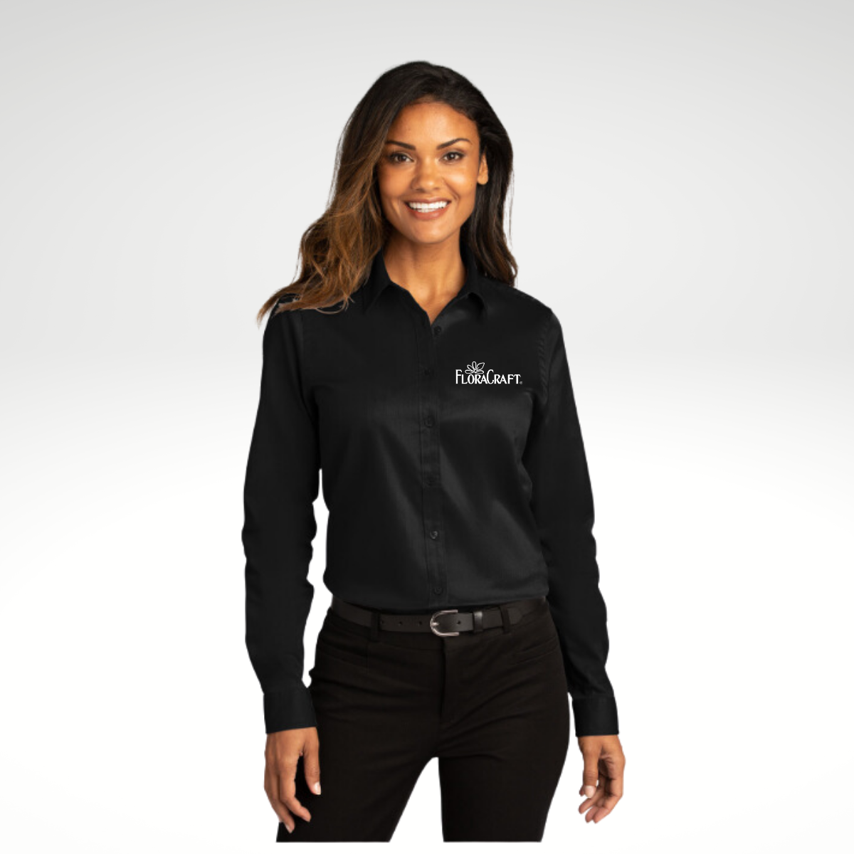 Port Authority® Ladies Long Sleeve SuperPro React ™ in Deep Black - Embroidery