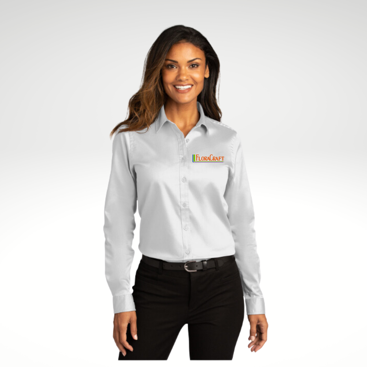 Port Authority® Ladies Long Sleeve SuperPro React ™ in White - Embroidery