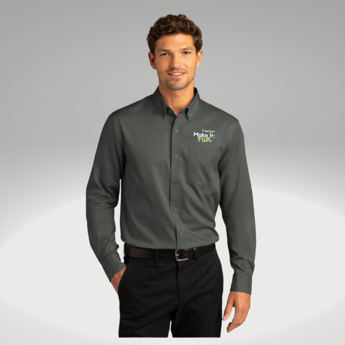 Port Authority® Long Sleeve SuperPro React™ Twill Shirt in Storm Grey - Embroidery