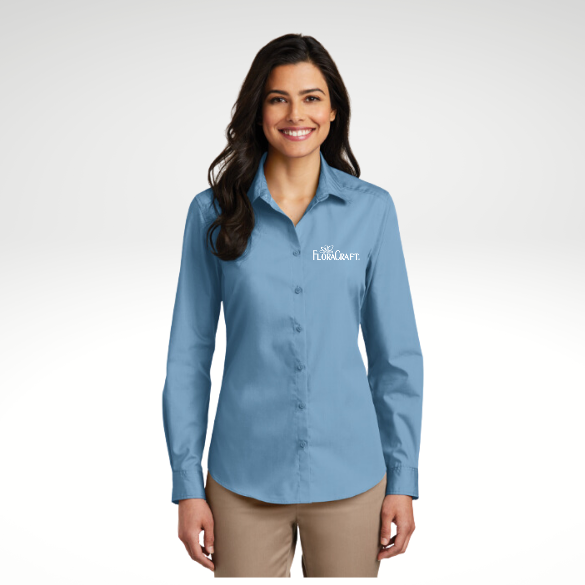 Port Authority® Ladies Long Sleeve Carefree Poplin Shirt in Carolina Blue - Embroidery