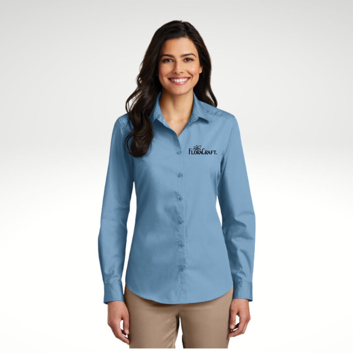Port Authority® Ladies Long Sleeve Carefree Poplin Shirt in Carolina Blue - Embroidery