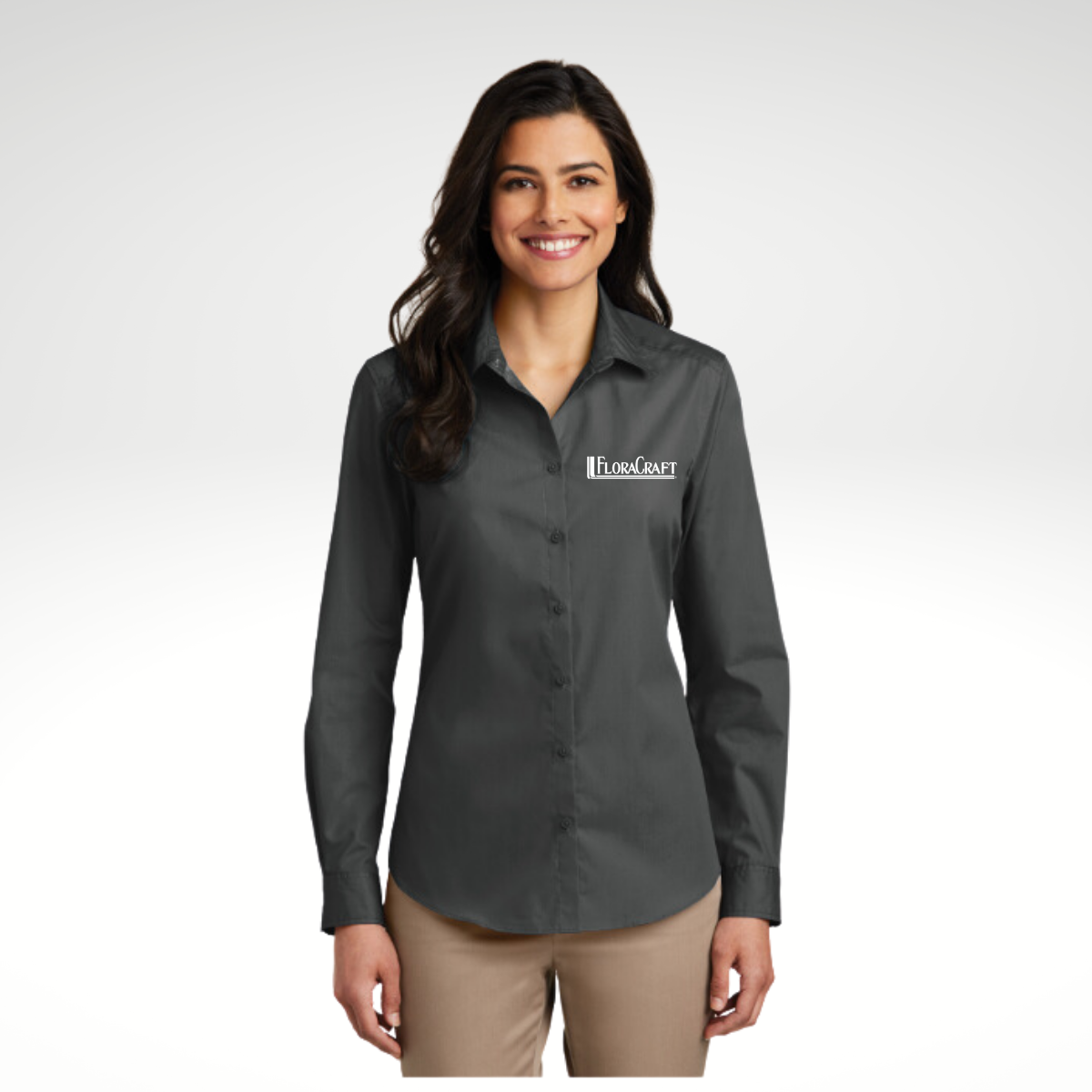 Port Authority® Ladies Long Sleeve Carefree Poplin Shirt in Gusty Grey - Embroidery