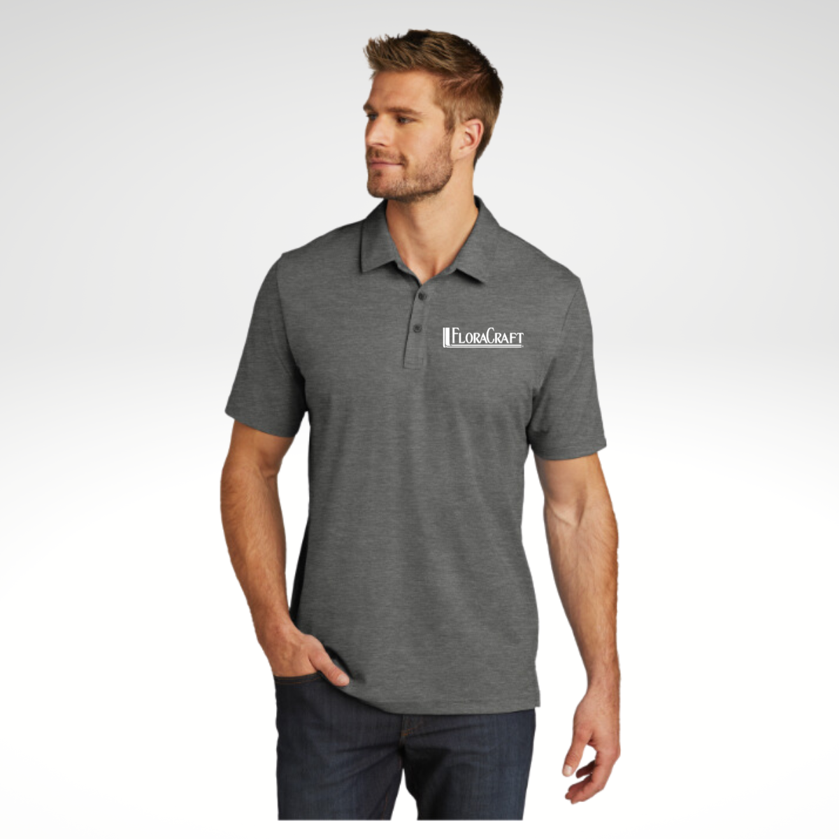 TravisMathew Oceanside Heather Polo in Quiet Shade Heather - Embroidery