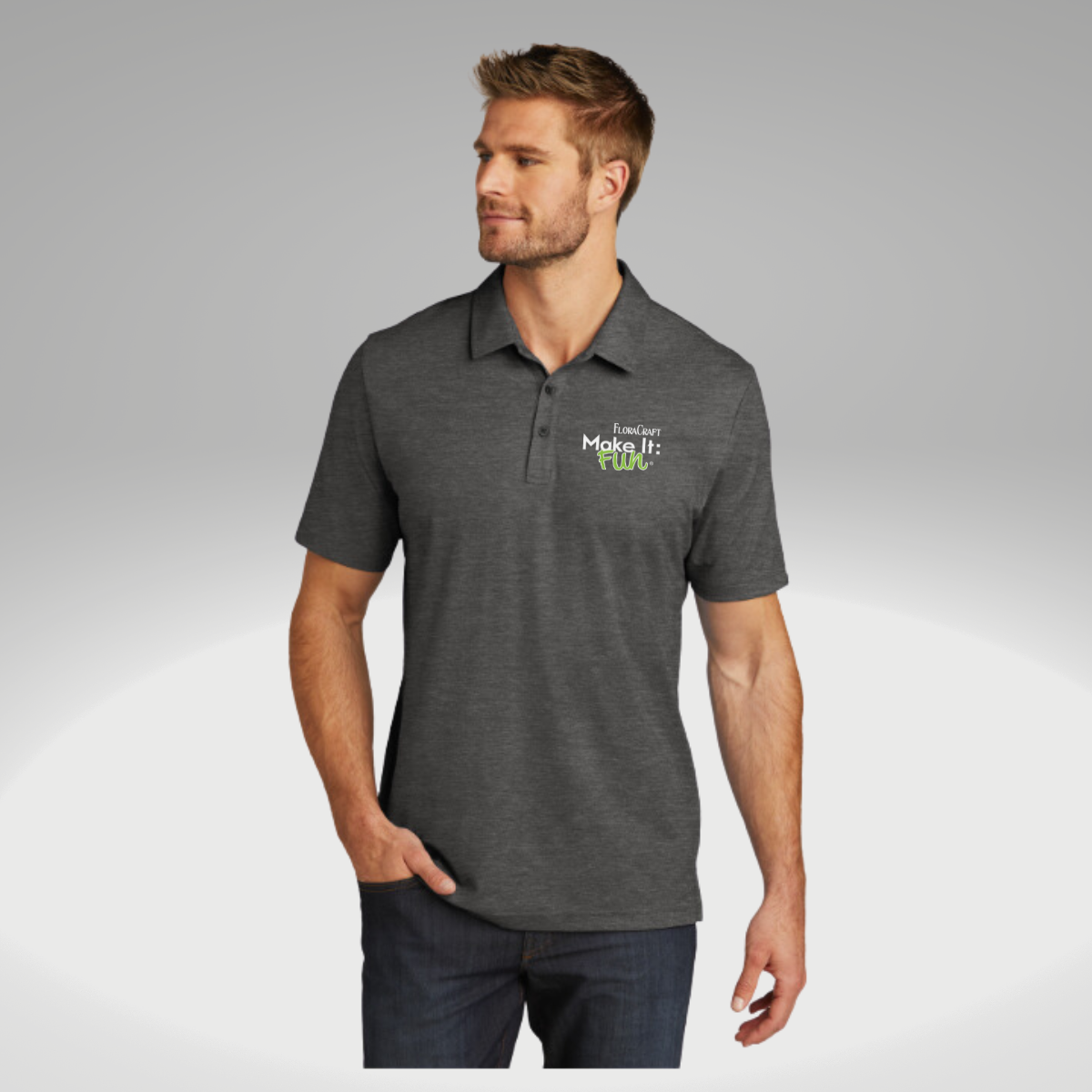 TravisMathew Oceanside Heather Polo in Black Heather - Embroidery