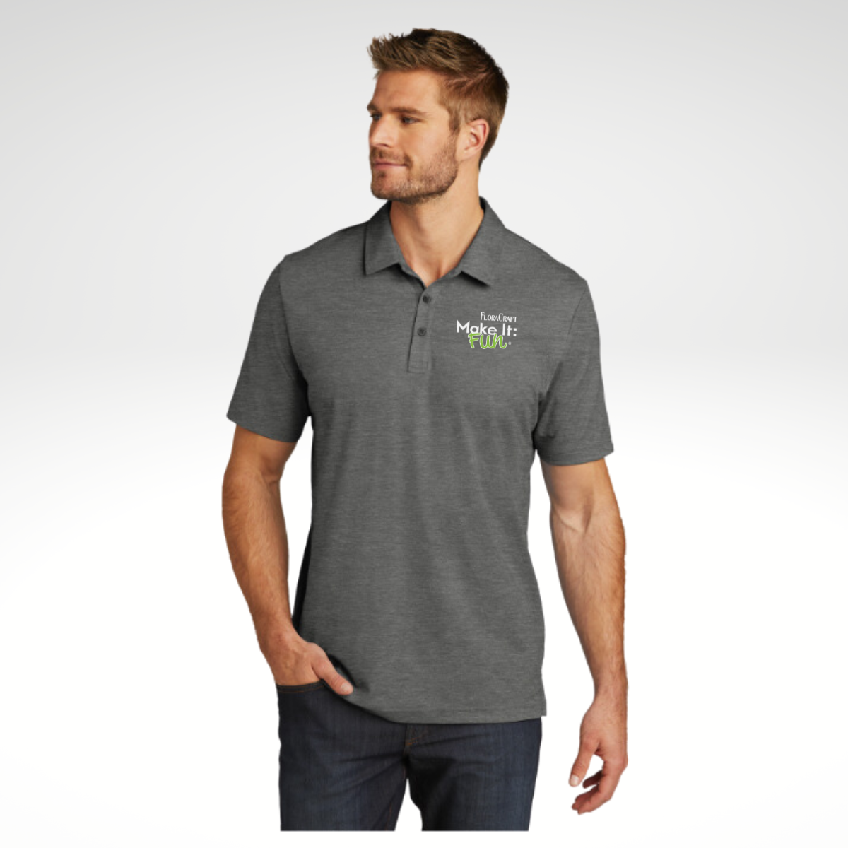 TravisMathew Oceanside Heather Polo in Quiet Shade Heather - Embroidery
